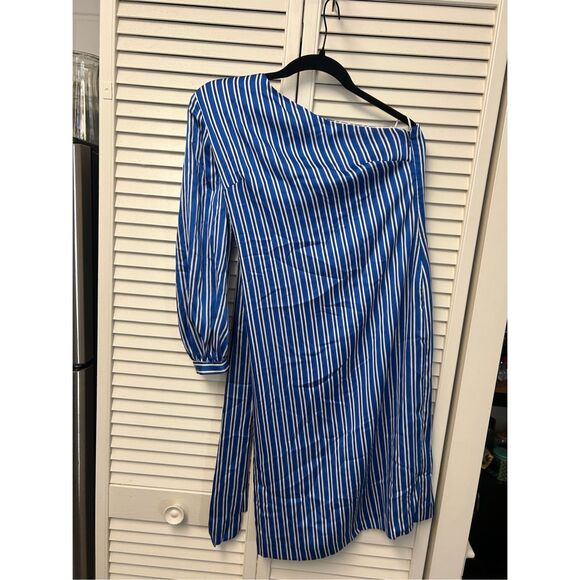 Banana Republic NWT One Shoulder Blue Stripe Midi Dress, Sz 0, MSRP $128 - Picture 7 of 11